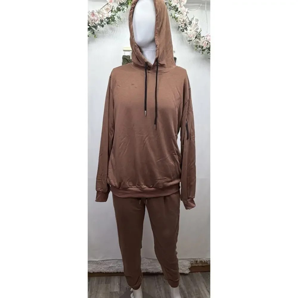 Casual 2-Piece Hooded Jogger Sweatsuit Cocoa‎ Medium Activewear